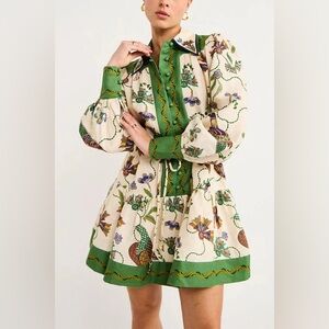 Margovil Long Lantern Sleeves Button Up Unique Print Mini Dress Size Small